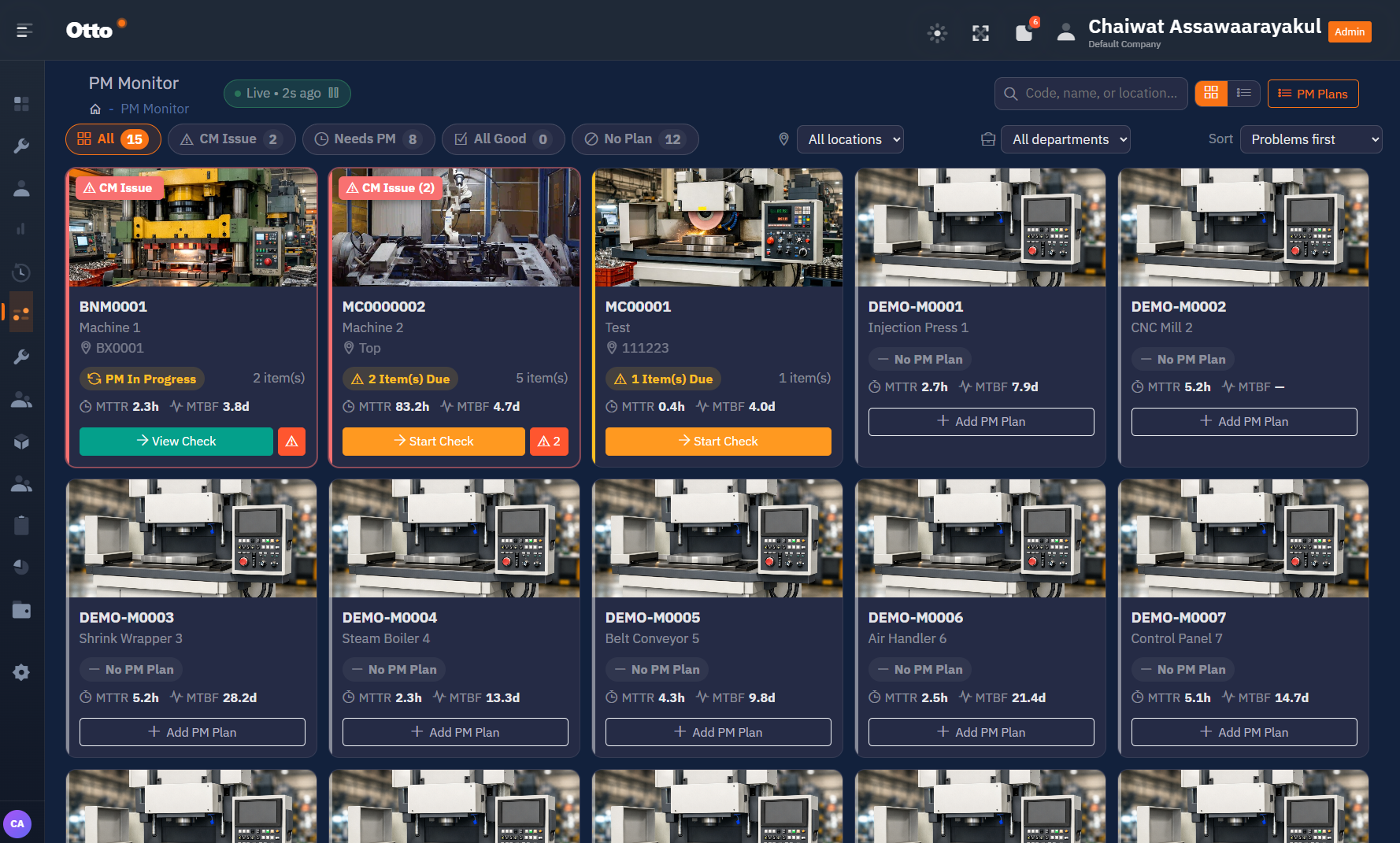 Otto PM Monitor showing live machine cards with CM issues, PM due and MTBF or MTTR per machine