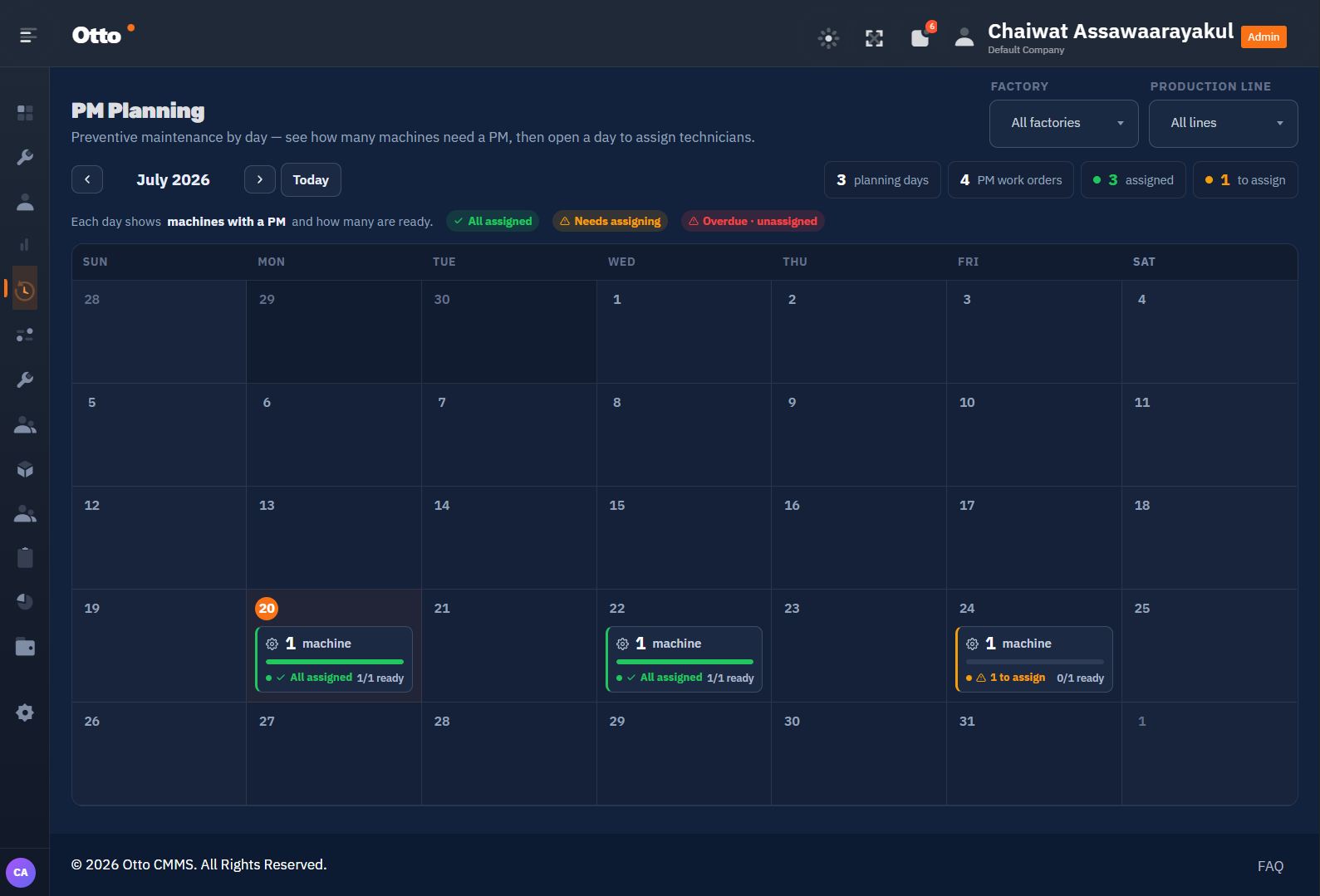 Otto PM Planning calendar showing machines needing preventive maintenance per day and technician assignment status