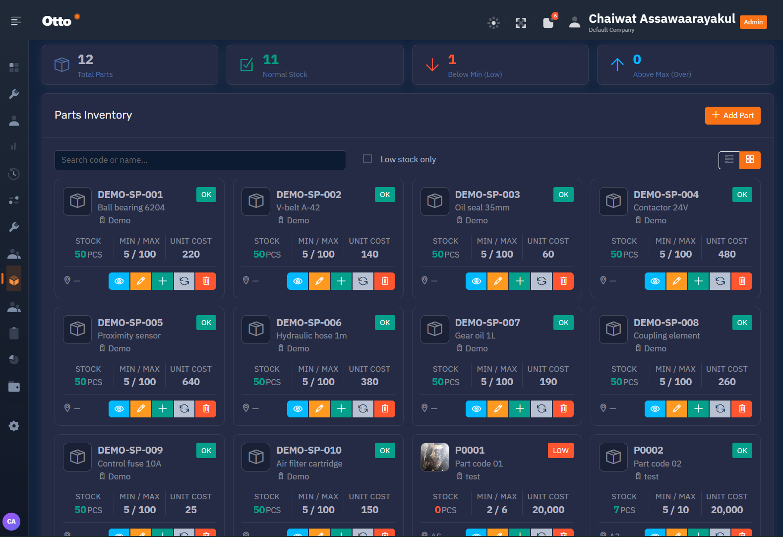 Otto spare parts inventory with min max and unit cost